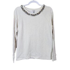 J Crew Sweater Womens Small Pullover Knit White Casual Crewneck Beaded Top Shirt